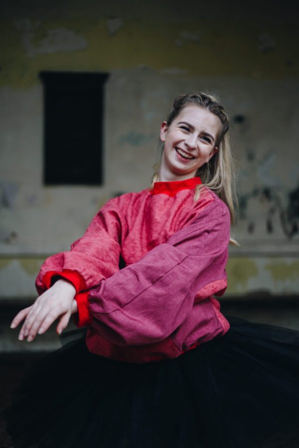 Dancer Grace Richardson poses in Upcycled Batwing Jumper for Daines Atelier Shop