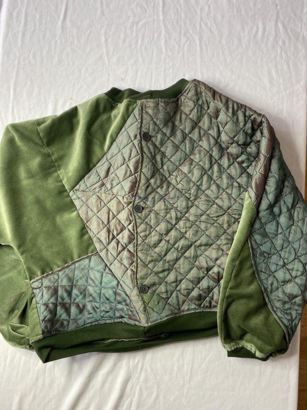 Back batwing with upcycled quilted vintage silk with button fastenings and panelled with green velvet and jersey