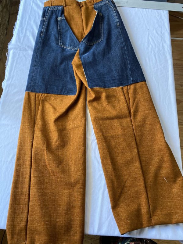 Back Flatlay of Trouser chaps with denim and orange wool, straight leg trouser sustainable and ethical one of a kind