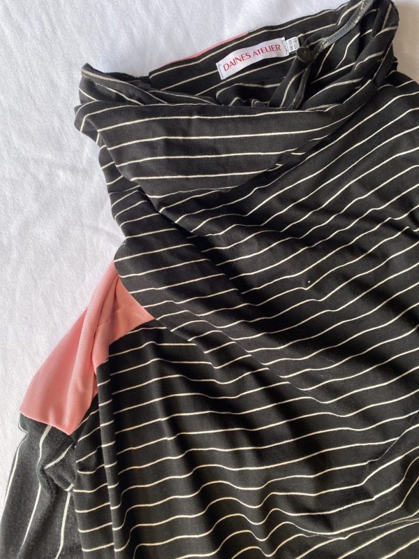Quarantee in black stripe with pink panel detail shot made from cotton jersey and with dead stock materials