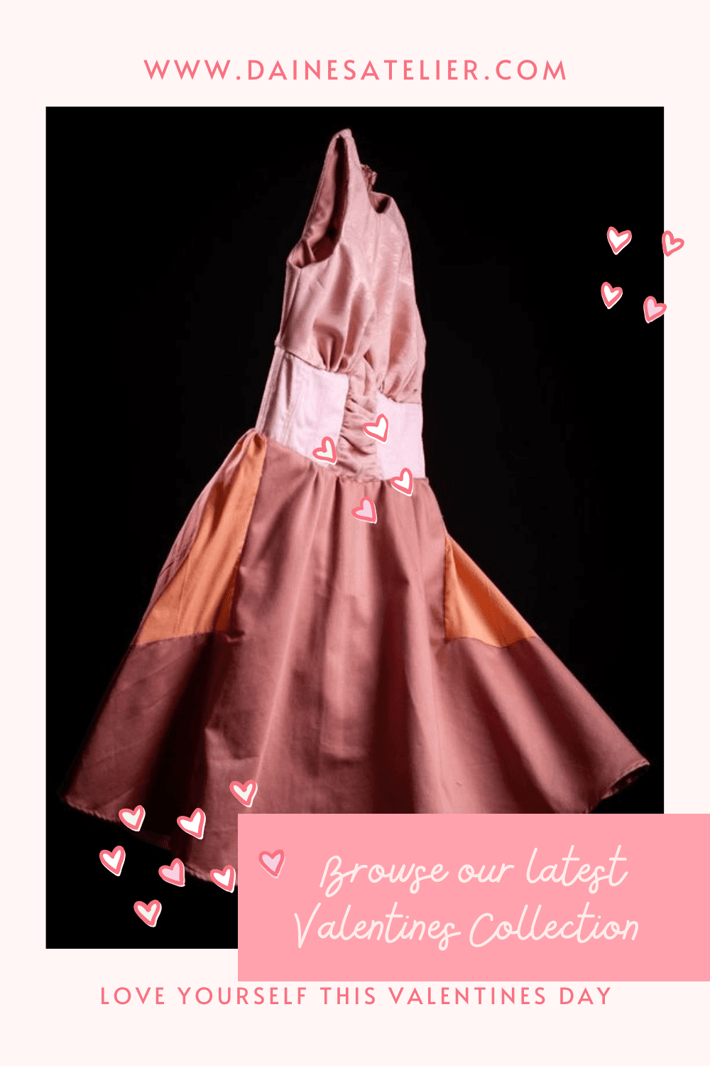Image of pink floating dress for the Valentines collection featuring half corset and circle skirt.