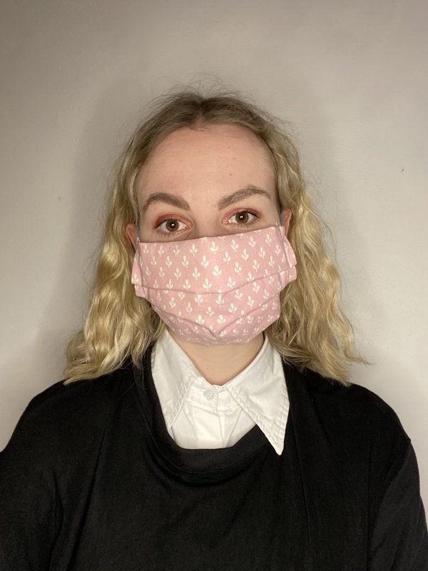 Handmade breathable facemask with filter pocket and adjustable elastic made from vintage remnant materials In Laura Ashley Pink Jacquard