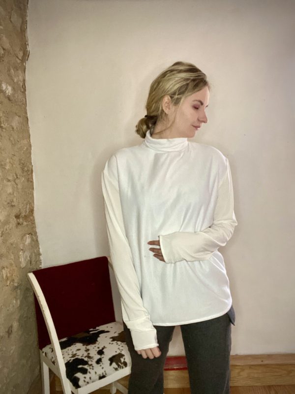 White turtleneck from remnant sweatshirt and cotton jersey