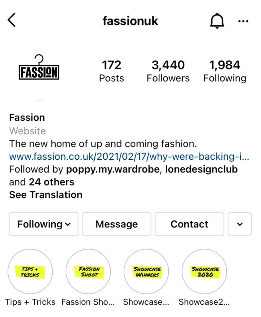 Screenshot of Fassion Instagram account showcasing creative designer