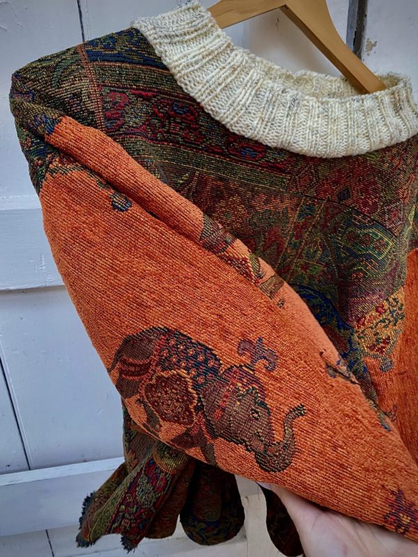 Orange Tapestry Wool Cropped Batwing Jumper, Large made from vintage wool and upcycled beanie hat.