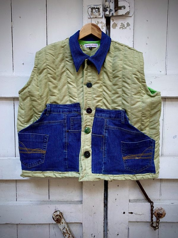 Green Quilted Gillet, medium. Made from upcycled denim jeans and cotton linen remnant with green bias binding remnant. Featuring repurposed buttons.