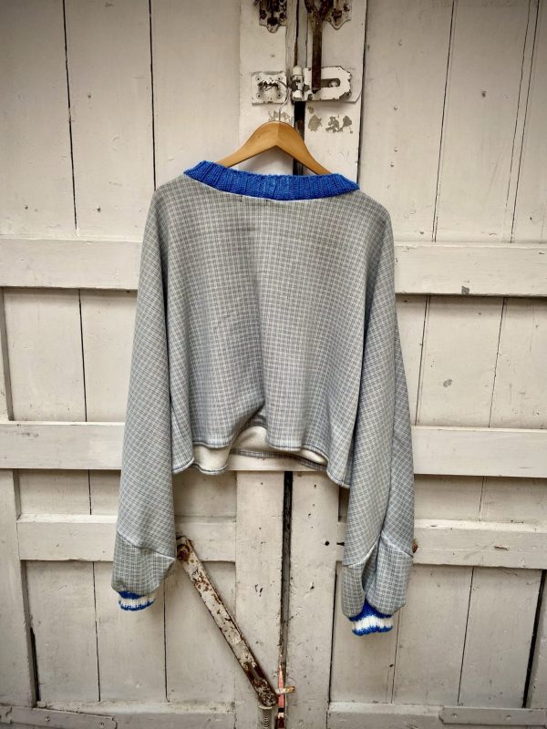 Blue and Purple cropped wool batwing jumper made from vintage remnants, small.