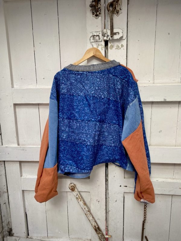 Blue and Pink Batwing Jumper, Large. Made from furnishing remnant, vintage cotton panel, upcycled beanie and fringing.