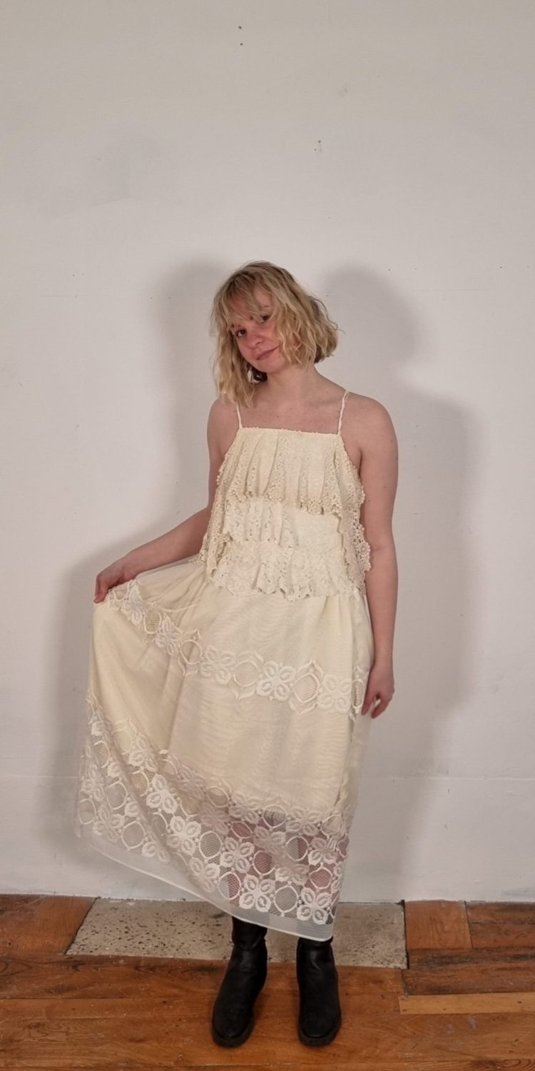 Wedding Drop Waisted Dress in Midi Length, with a Trapeze Voluminous Skirt for Bride. Made from Vintage Textiles and Lace Remnants dating back to the 1930s. These dresses are inspired from Silhouettes from the 1920s and take on a contemporary perspective. 
