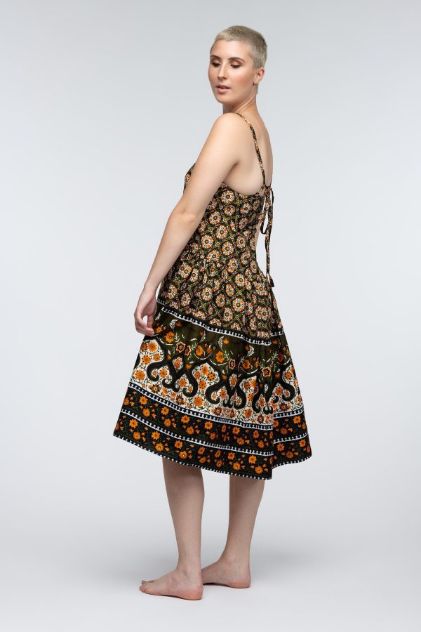 Casual Drop Waisted Dress in Midi Length, with a Trapeze Voluminous Skirt for Summer. Made from Vintage Textiles Remnants