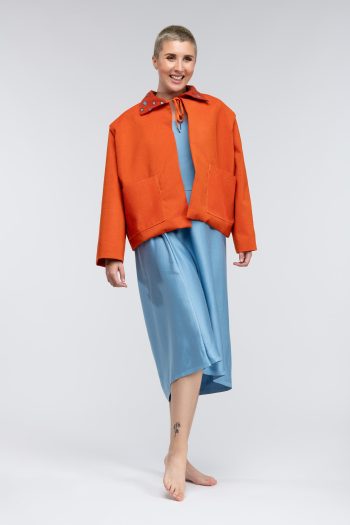 Orange Wool Bed Jacket with Patch Pockets and Shirt Collar with Mirrored Embroidery Detailing, Size Medium