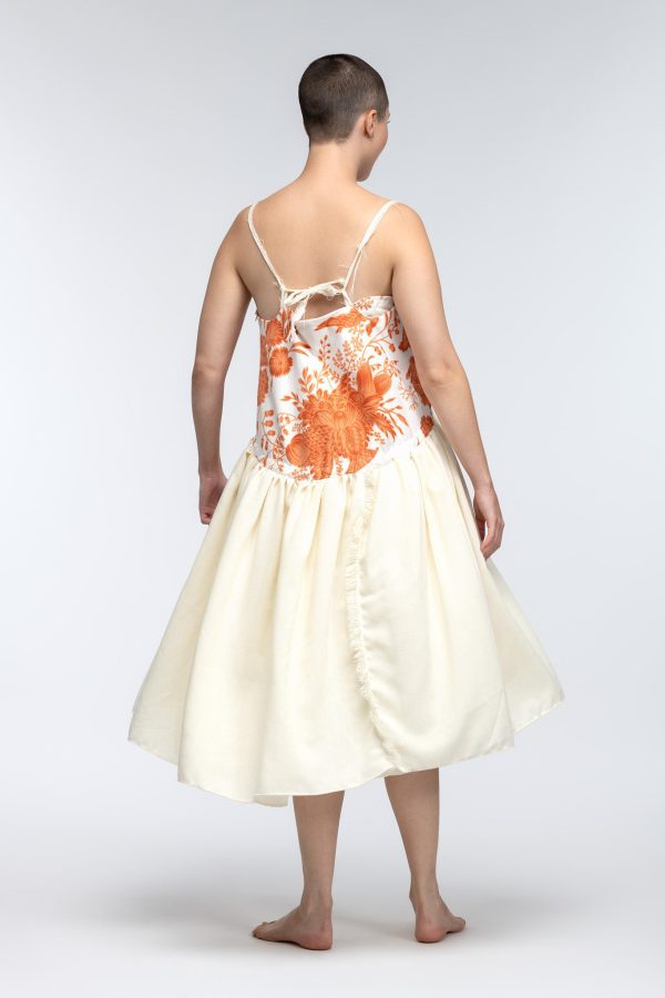 Orange Peacock and Tablecloth, Drop Waisted Dress with Trapeze Skirt and Spaghetti Straps
