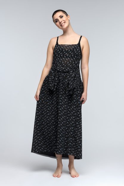 RENTAL Black Floral Sheer Drop Waisted Dress with Trapeze Skirt and Spaghetti Straps, Size Medium