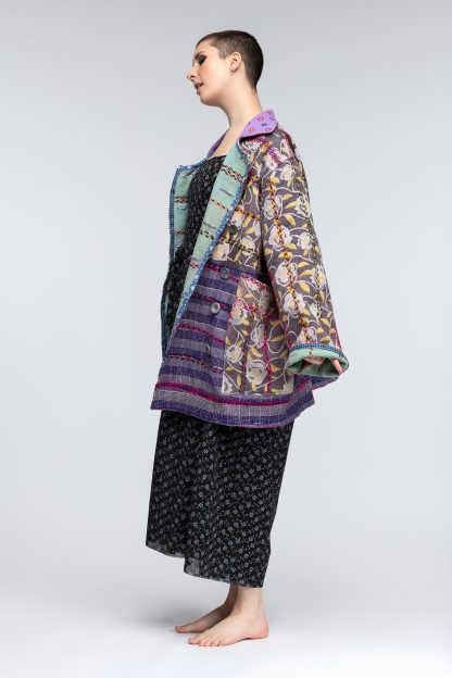 RENTAL Reversible Kantha Quilt Oversized Swing Coat with Patch Pockets and Collar, Size Medium